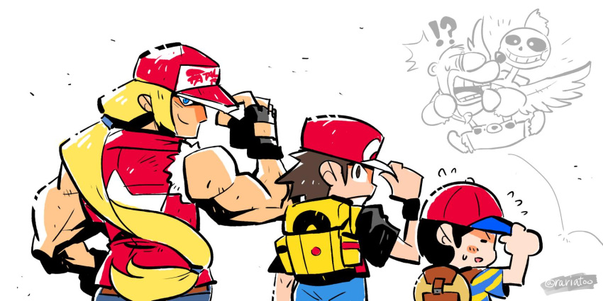 !?, 1girl, 4boys, adult, animal, ape_(company), backpack, bag