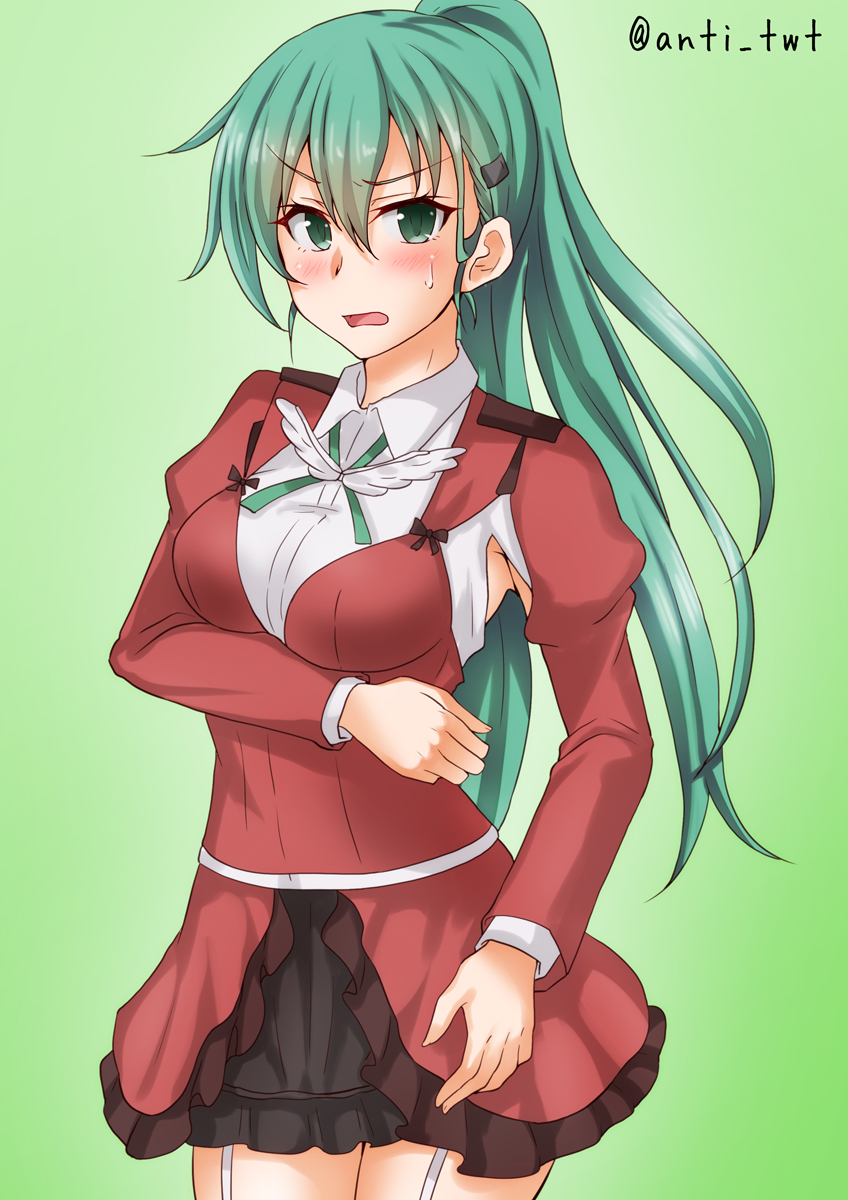 1girl, alternate_hairstyle, anti_(untea9), aqua_hair, aquila_(kantai_collection), aquila_(kantai_collection)_(cosplay), armpit_cutout, black_skirt, collared_shirt, commentary_request, cosplay, cowboy_shot, garter_straps, green_background, green_eyes, green_ribbon, hair_ornament, hairclip, high_ponytail, highres, jacket, kantai_collection, long_hair, looking_at_viewer, miniskirt, open_mouth, ponytail, red_jacket, ribbon, shirt, simple_background, skirt, solo, standing, suzuya_(kantai_collection), twitter_username, white_shirt
