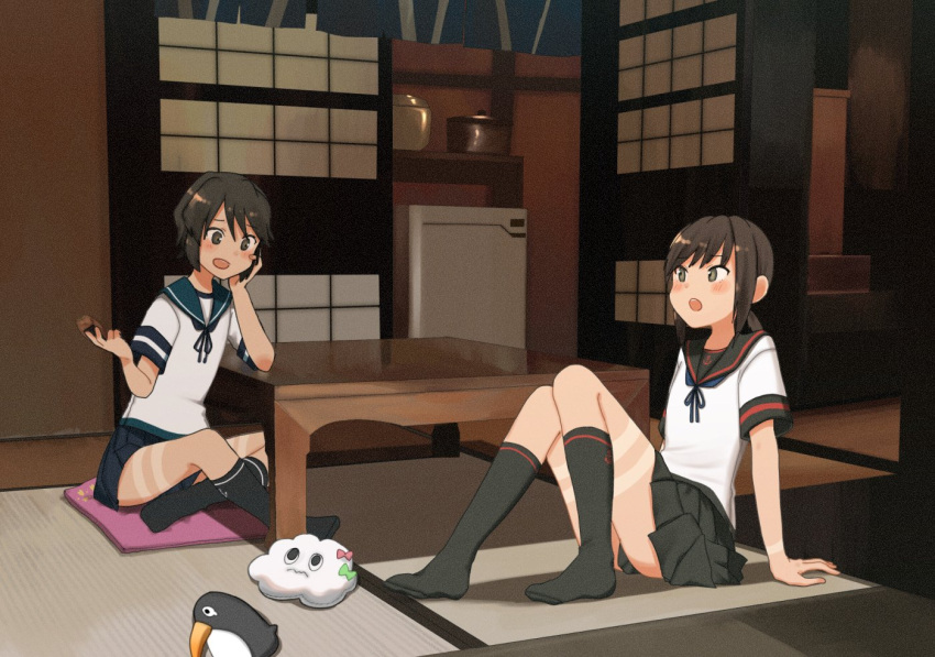 2girls, accessory_tan, annin_musou, bird, black_eyes, black_hair, black_legwear, brown_eyes