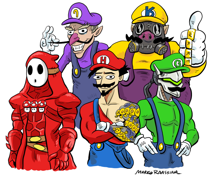 5boys, artist_name, bare_chest, belt, blizzard_(company), cosplay, crossed_arms, cyborg