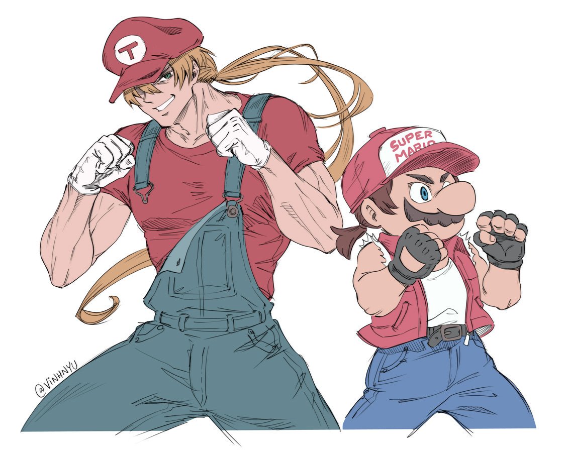 2boys, baseball_cap, blonde_hair, blue_eyes, blue_overalls, cosplay, costume_switch, facial_hair, fatal_fury, fingerless_gloves, gloves, hat, human, jacket, long_hair, male_focus, mario, mario_(cosplay), super_mario_bros., multiple_boys, muscle, mustache, nintendo, overalls, ponytail, shoes, short_hair, simple_background, smile, sneakers, snk, sora_(company), super_mario_bros., super_smash_bros., super_smash_bros._ultimate, super_smash_bros_brawl, terry_bogard, terry_bogard_(cosplay), the_king_of_fighters, vest, vinhnyu, white_background