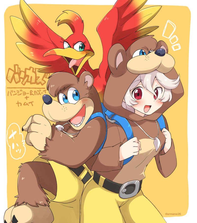 1boy, 2girls, animal, animal_costume, animal_hood, backpack, bag, banjo