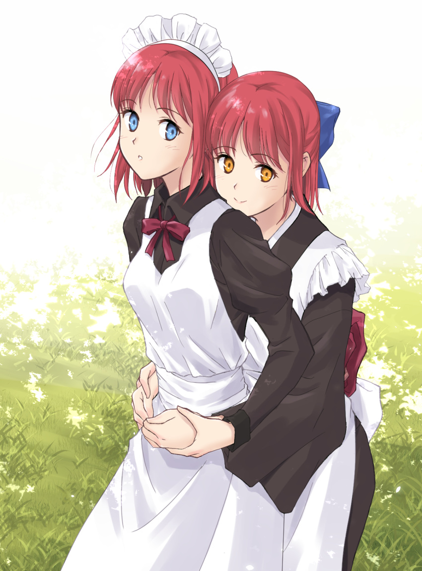 2girls, :o, akizuki565602, apron, bangs, blue_eyes, blush, bow