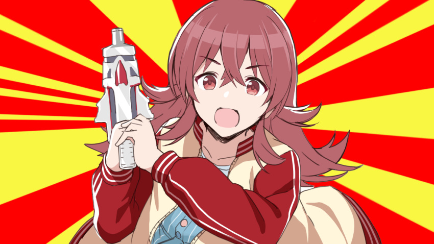 1girl, :d, bangs, batsu, blue_dress, brown_hair, brown_jacket, collarbone, commentary_request, dress, eyebrows_visible_through_hair, gun, hair_between_eyes, holding, holding_gun, holding_weapon, idolmaster, idolmaster_shiny_colors, jacket, kaitou_sentai_lupinranger_vs._keisatsu_sentai_patranger, komiya_kaho, letterman_jacket, long_hair, looking_at_viewer, open_clothes, open_jacket, open_mouth, red_eyes, smile, solo, striped, sunburst, sunburst_background, super_sentai, upper_body, v-shaped_eyebrows, vertical-striped_dress, vertical_stripes, vs_changer, weapon