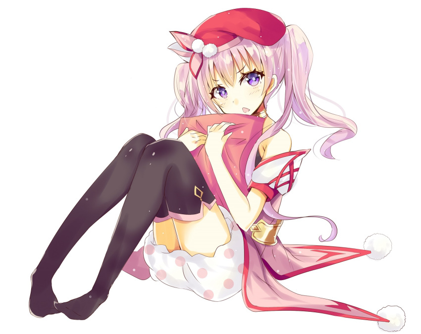 1girl, bangs, bare_shoulders, beret, black_legwear, blush, chestnut_mouth, commentary_request