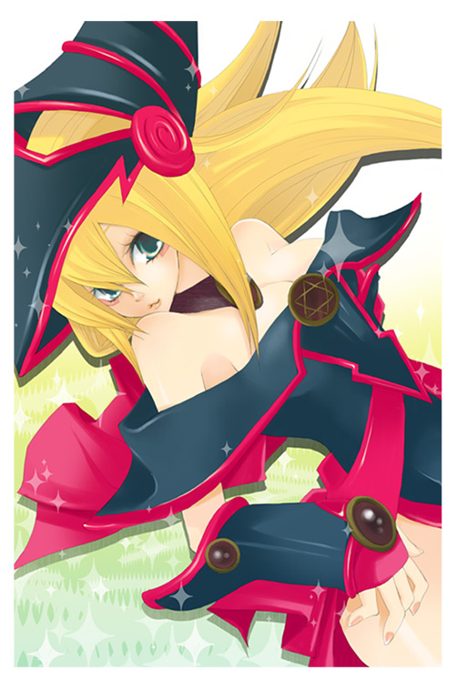 blonde_hair, blush, collar, dark_magician_girl, detached_sleeves, gloves, green_eyes, hat