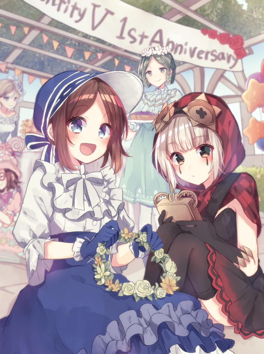 5girls, anniversary, black_dress, black_legwear, blue_dress, blue_gloves, blue_headwear, braid