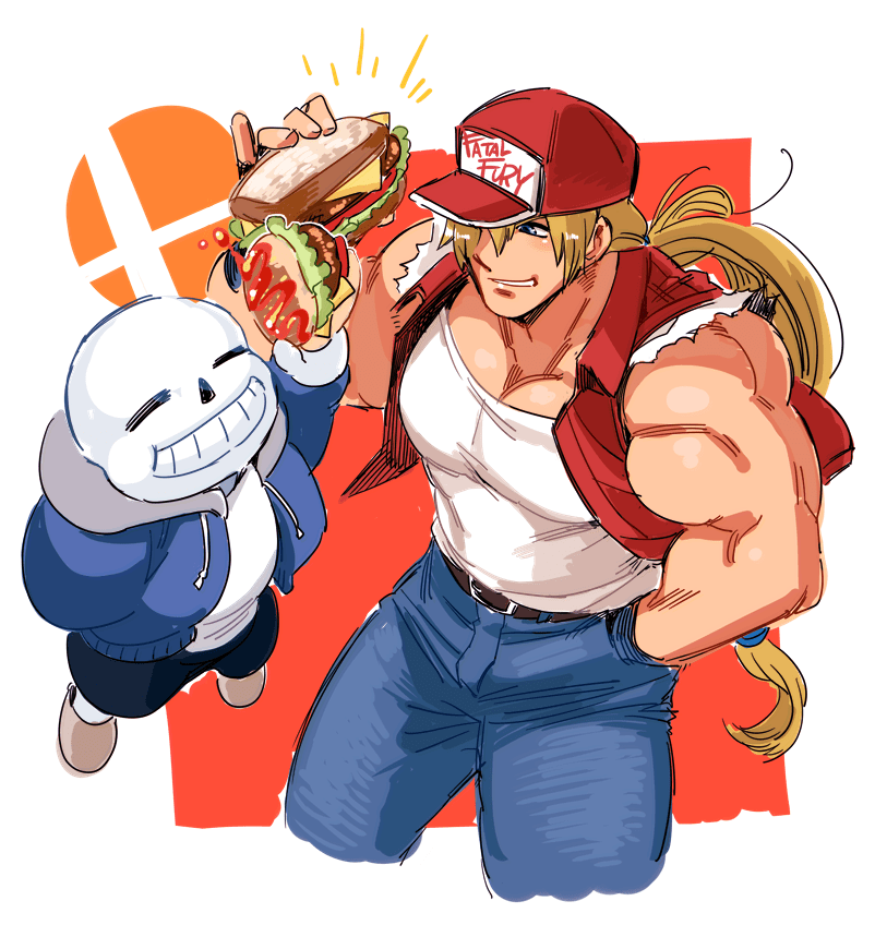 2boys, 5_(1boshi), baseball_cap, blonde_hair, crossover, fatal_fury, food, hamburger, hand_in_pocket, hat, hood, hoodie, human, logo_print, long_hair, looking_at_another, male_focus, multiple_boys, nintendo, ponytail, sandwich, sans_(undertale), skeleton, smash_ball, smile, snk, sora_(company), super_smash_bros., super_smash_bros._ultimate, terry_bogard, the_king_of_fighters, toby_fox_(publisher), torn_clothes, torn_sleeves, undertale, very_long_hair, vest