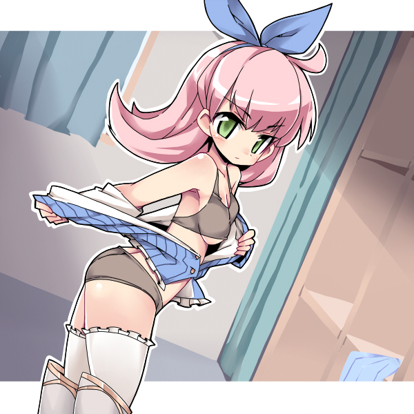 1girl, breasts, dutch_angle, green_eyes, hair_ribbon, indoors, long_hair, looking_at_viewer, medium_breasts, nemui_(nemui), palffy_(sennen_sensou_aigis), pink_hair, ribbon, sennen_sensou_aigis, solo, standing, thigh-highs, undressing, white_legwear