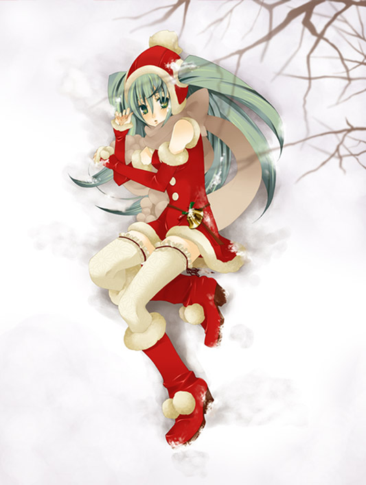 bell, blush, boots, christmas, detached_sleeves, green_eyes, green_hair, hat