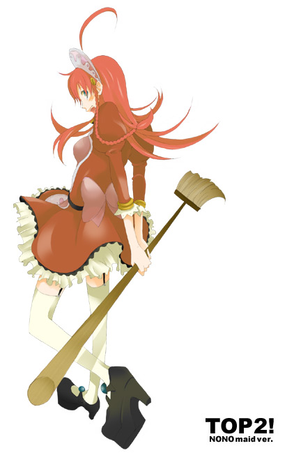 braid, broom, diebuster, green_eyes, long_hair, looking_back, maid, mop