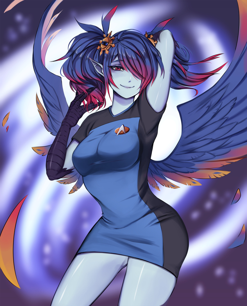 1girl, absurdres, arm_behind_head, bangs, blue_hair, blue_skin, blurry, blurry_background, breasts, claws, commentary, commission, cowboy_shot, english_commentary, eyebrows_visible_through_hair, feathered_wings, gradient_hair, hair_ornament, hair_over_one_eye, heikky, highres, ignitrix, khornette_quest, large_breasts, looking_at_viewer, multicolored, multicolored_hair, multicolored_wings, pink_hair, pointy_ears, red_eyes, short_sleeves, smile, solo, star_trek, twintails, two-tone_hair, wings