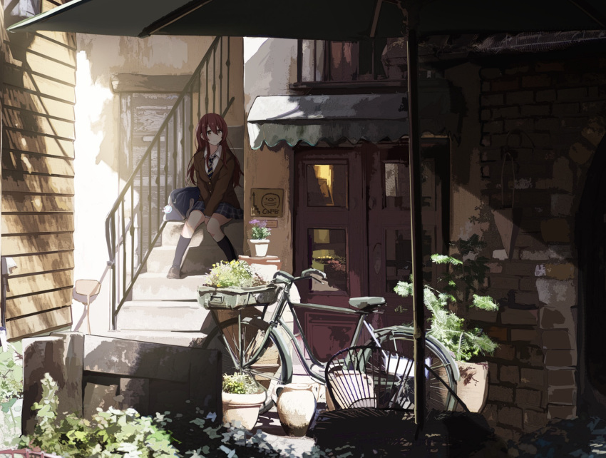 1girl, bag, between_legs, bicycle, brown_hair, bush, cafe, cardigan