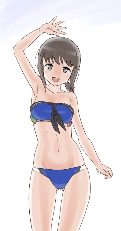 1girl, ass_visible_through_thighs, bikini, black_eyes, black_hair, blue_bikini, breasts, commentary_request
