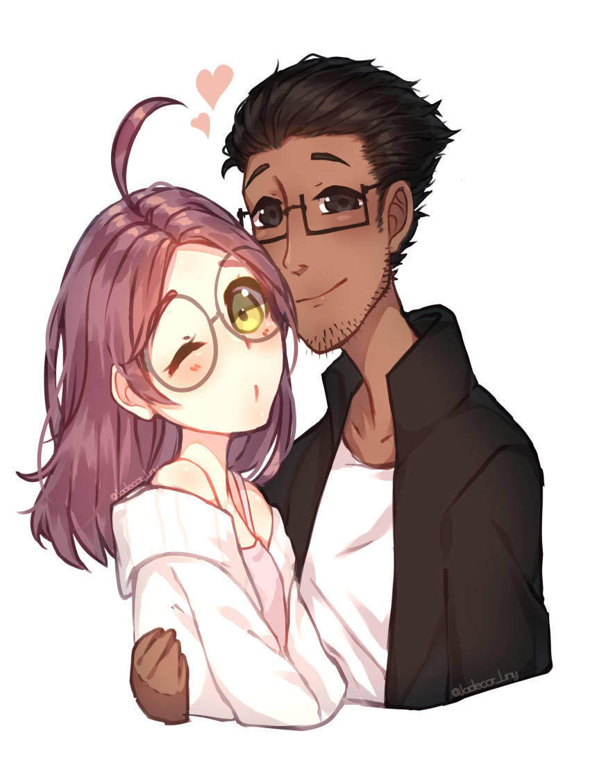 1boy, 1girl, ahoge, arm_around_waist, artist_signature, bare_shoulders, black_hair, black_jacket