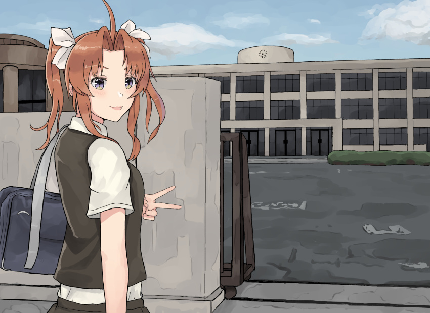 1girl, ahoge, bag, black_vest, blue_sky, brown_hair, clouds, commentary_request