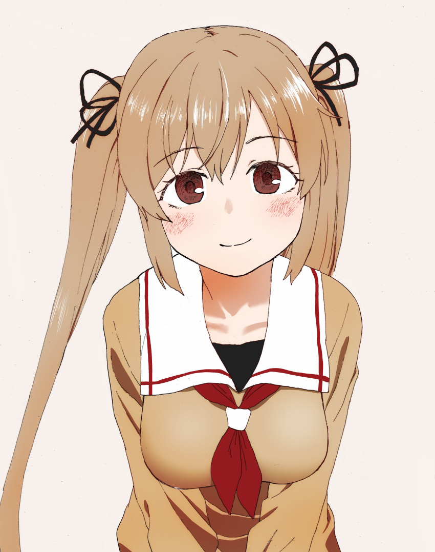 1girl, absurdres, black_ribbon, black_serafuku, breasts, brown_eyes, brown_sweater, grey_background