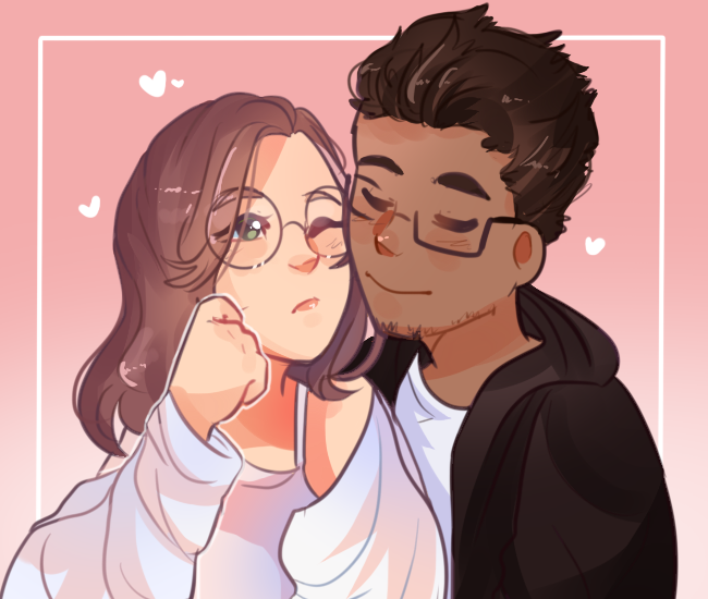 1boy, 1girl, bare_shoulders, black_hair, black_jacket, blush, brown_hair, charwiewie