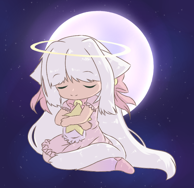 animal_ears, apron, backlighting, bell_collar, bells, cat_ears, chibi, closed_eyes, collar, dress, full_moon, hair_bows, halo, hugging_object, kemonomimi_mode, long_hair, moon, night, night_sky, object_hug, on_knees, original, pillow, pink_dress, ribbons, ruffles, shoes, sinamuna, sitting, smile, solo, star_pillow, stars, tail, very_long_hair, white_hair