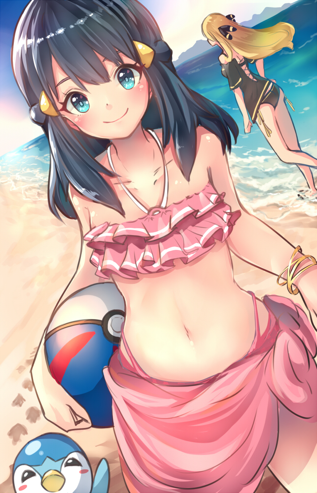 2girls, ball, beach, bikini, blonde_hair, blue_eyes, blue_hair, closed_mouth, commentary_request, e-co, hikari_(pokemon), holding, holding_ball, long_hair, looking_at_viewer, multiple_girls, navel, ocean, pink_bikini, pokemon, pokemon_(creature), pokemon_(game), pokemon_dppt, shirona_(pokemon), short_hair, smile, swimsuit