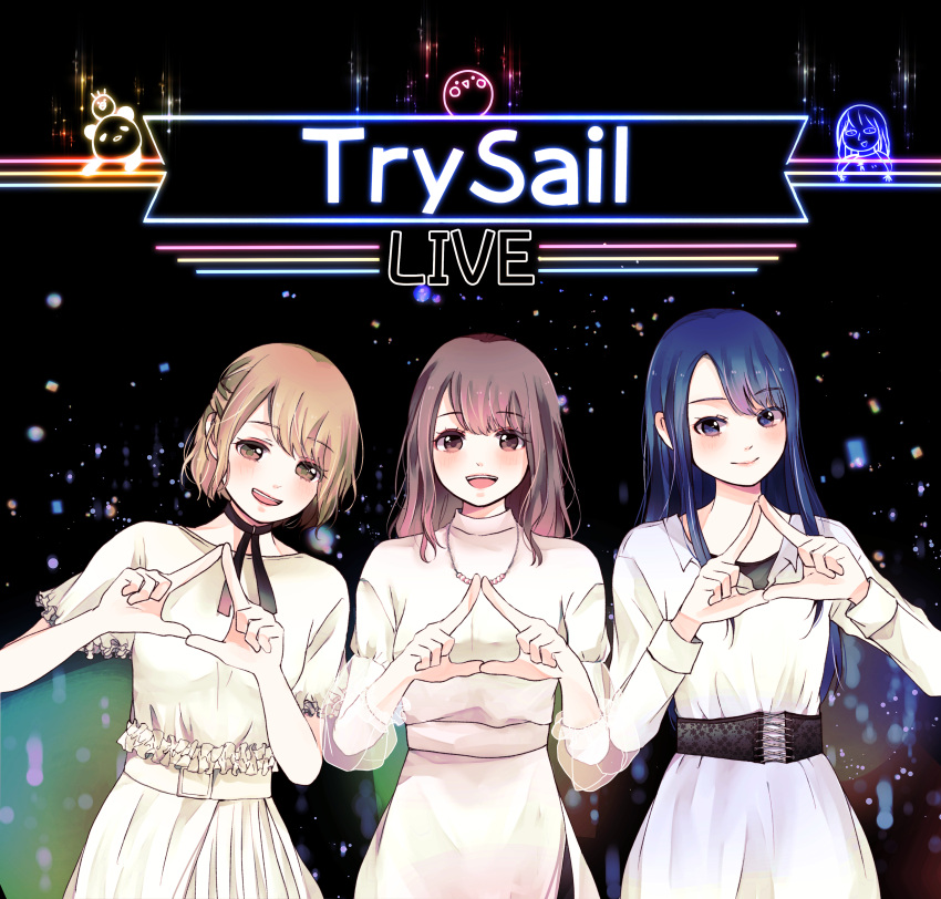 3girls, absurdres, amamiya_sora, belt, blonde_hair, blue_hair, blush, breasts