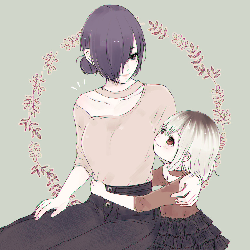 2girls, absurdres, bare_shoulders, black_hair, black_pants, black_skirt, breasts, collarbone