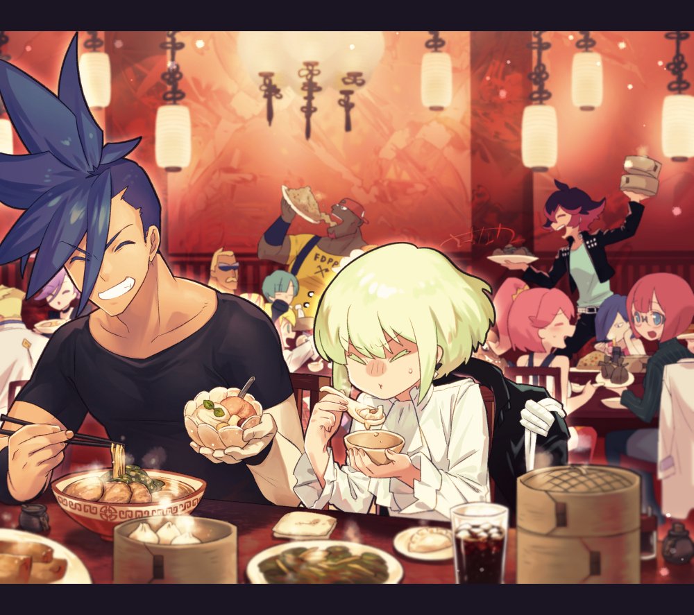 aina_ardebit, biar_colossus, blue_hair, bowl, chopsticks, closed_eyes, eating, everyone