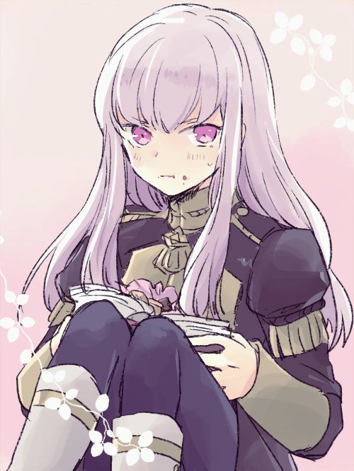 1girl, book, closed_mouth, fire_emblem, fire_emblem:_three_houses, food, food_on_face, garreg_mach_monastery_uniform, holding, holding_book, knees_up, ktnamgmfe, long_hair, long_sleeves, lysithea_von_ordelia, open_book, pink_eyes, simple_background, sitting, solo, uniform, white_hair