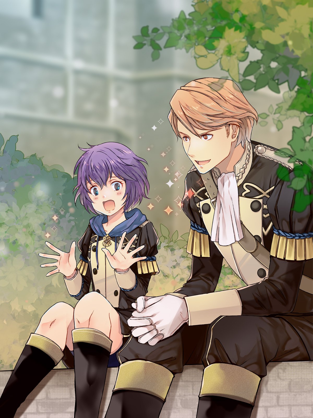 1boy, 1girl, anzk232, bernadetta_von_varley, epaulettes, ferdinand_von_aegir, fire_emblem, fire_emblem:_three_houses, garreg_mach_monastery_uniform, gloves, grey_eyes, highres, hood, hood_down, long_sleeves, open_mouth, orange_eyes, orange_hair, purple_hair, short_hair, sitting, uniform, white_gloves