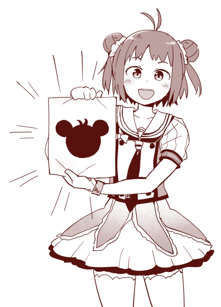 1girl, antenna_hair, character_print, commentary_request, cowboy_shot, diomedea, disney, double_bun