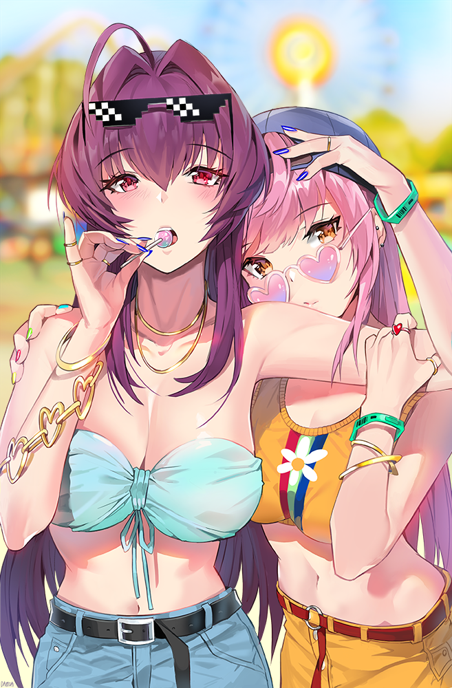 2girls, ahoge, belt, blue_bikini_top, blush, bracelet, breasts, candy