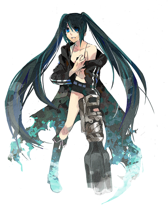black_hair, black_rock_shooter, black_rock_shooter_(character), blue_eyes, cry, hatsune_miku, iaki_mochiko, midriff