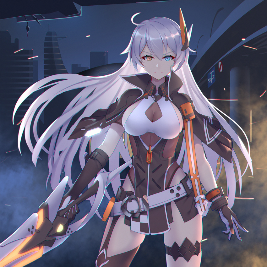1girl, ahoge, bangs, belt, blue_eyes, breasts, cityscape, cowboy_shot, cropped_jacket, elbow_gloves, floating_hair, gloves, hair_between_eyes, hair_ornament, heterochromia, high_collar, highres, holding_lance, honkai_(series), honkai_impact_3rd, kiana_kaslana, kiana_kaslana_(void_drifter), lance, large_breasts, light_smile, liu_lan, long_hair, looking_at_viewer, night, open_mouth, polearm, sidelocks, silver_hair, single_elbow_glove, solo, very_long_hair, weapon, yellow_eyes