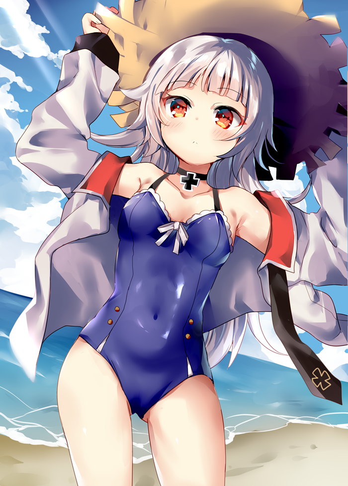 1girl, ass_visible_through_thighs, azur_lane, beach, black_legwear, blue_sky, blue_swimsuit, breasts