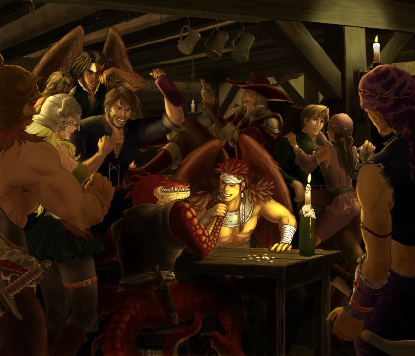 1girl, 6+boys, arm_wrestling, armor, bandana, beard, belt, blonde_hair
