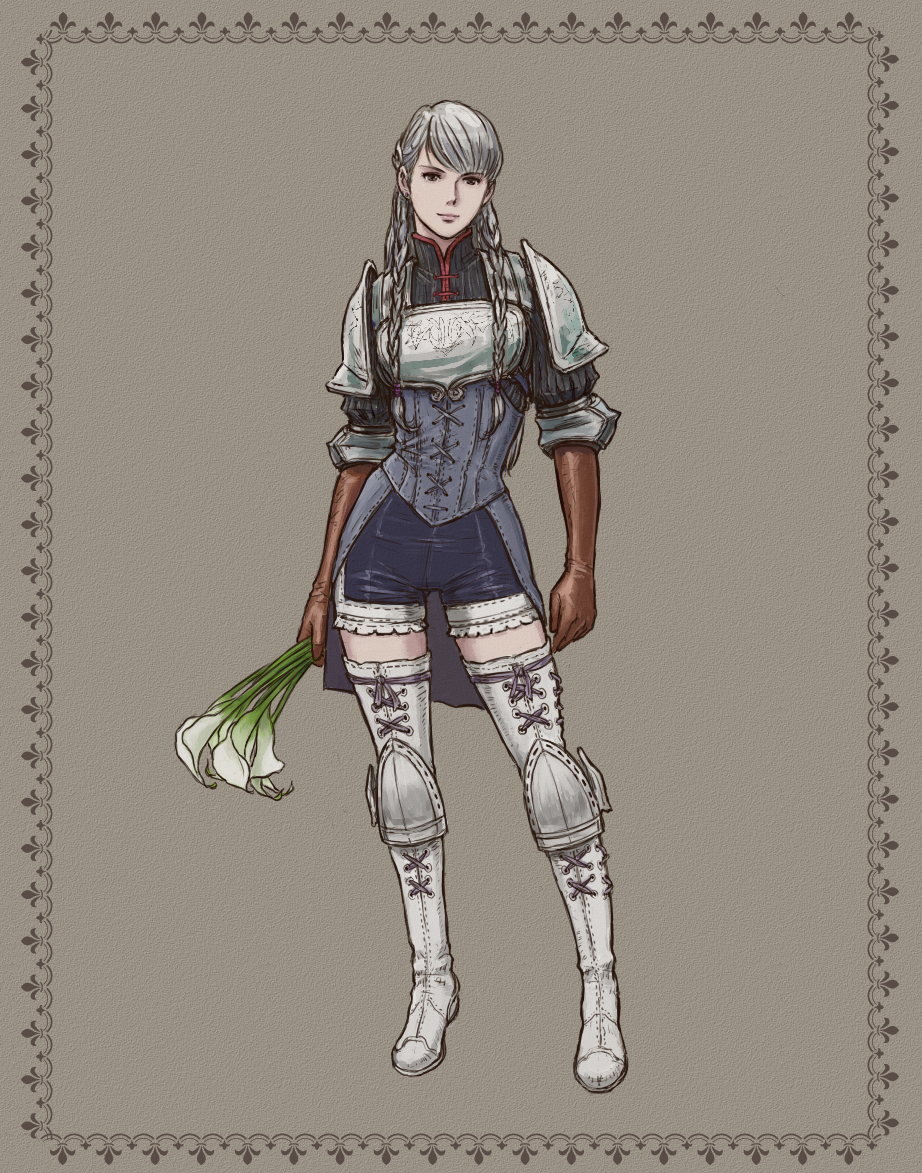 1girl, armor, boots, braid, brown_gloves, elbow_gloves, flower, full_body