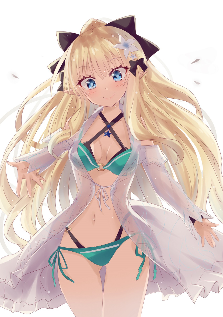 1girl, ass_visible_through_thighs, bangs, bare_shoulders, bikini, black_bikini, black_bow, blonde_hair