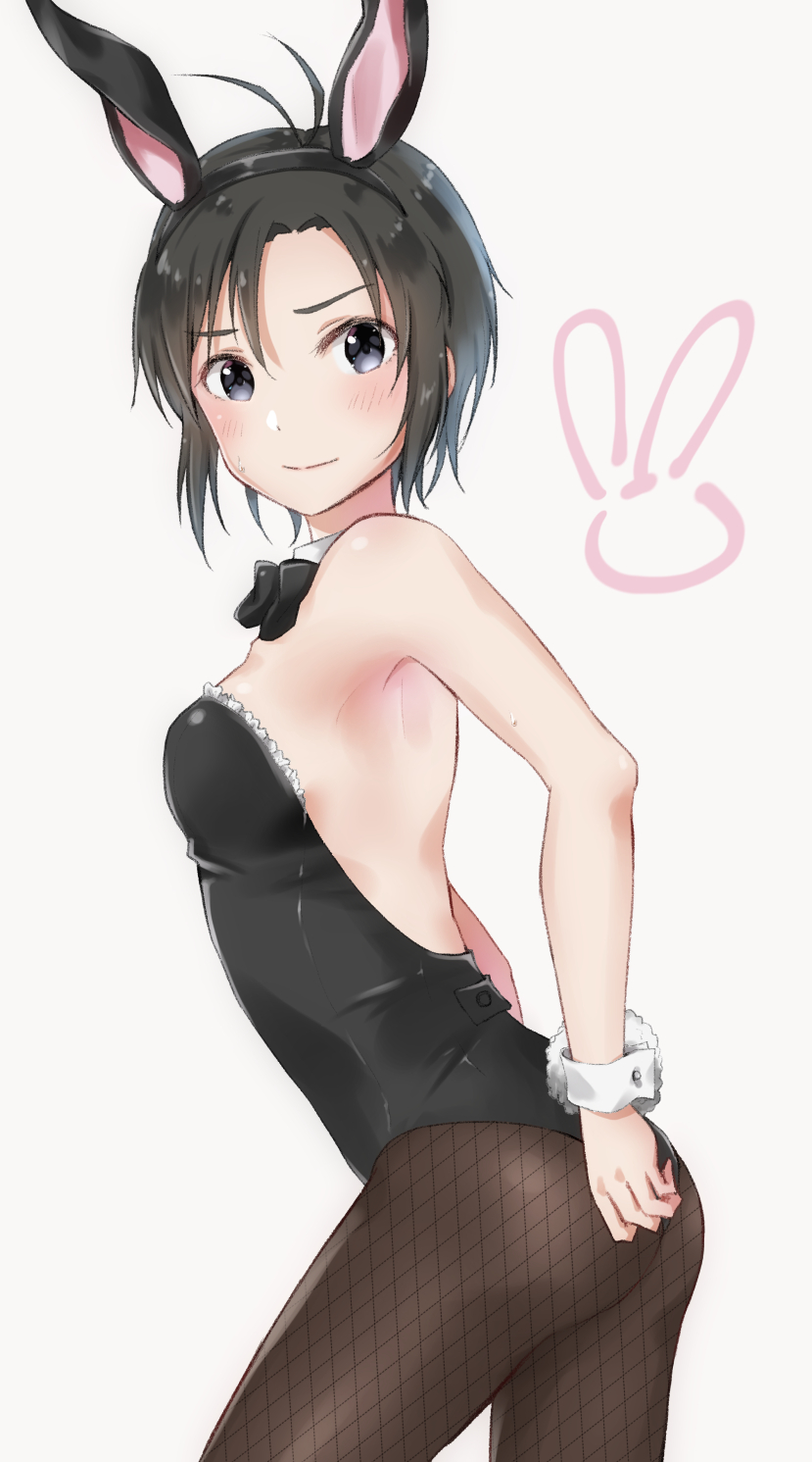 1girl, animal_ears, antenna_hair, backless_outfit, black_eyes, black_hair, black_hairband, black_legwear