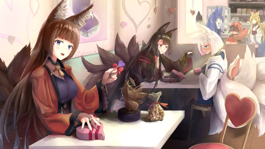 6+girls, akagi_(azur_lane), amagi_(azur_lane), animal_ears, azur_lane, bag, bangs, black_legwear