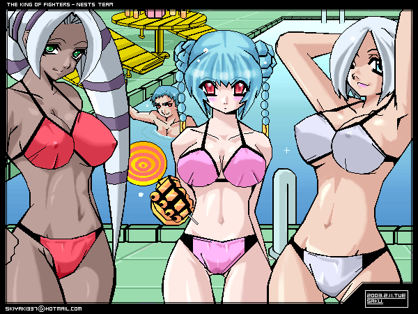 angel_(kof), bikini, blue_eyes, blue_hair, blush, dark_skin, foxy_(snk), green_eyes
