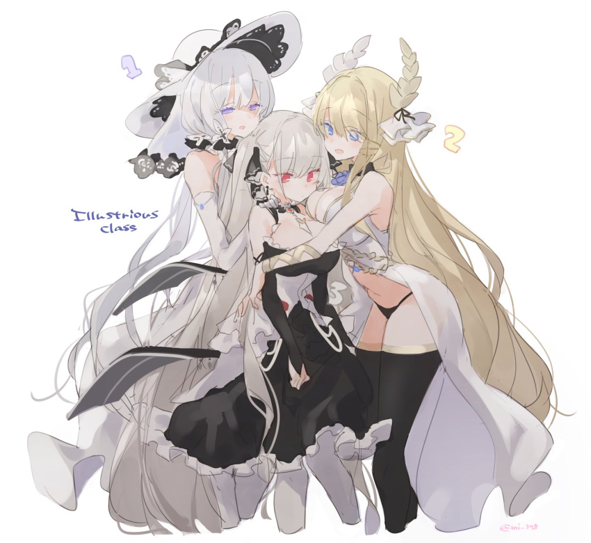 3girls, azur_lane, black_dress, black_panties, blonde_hair, blue_eyes, breasts, bridal_legwear