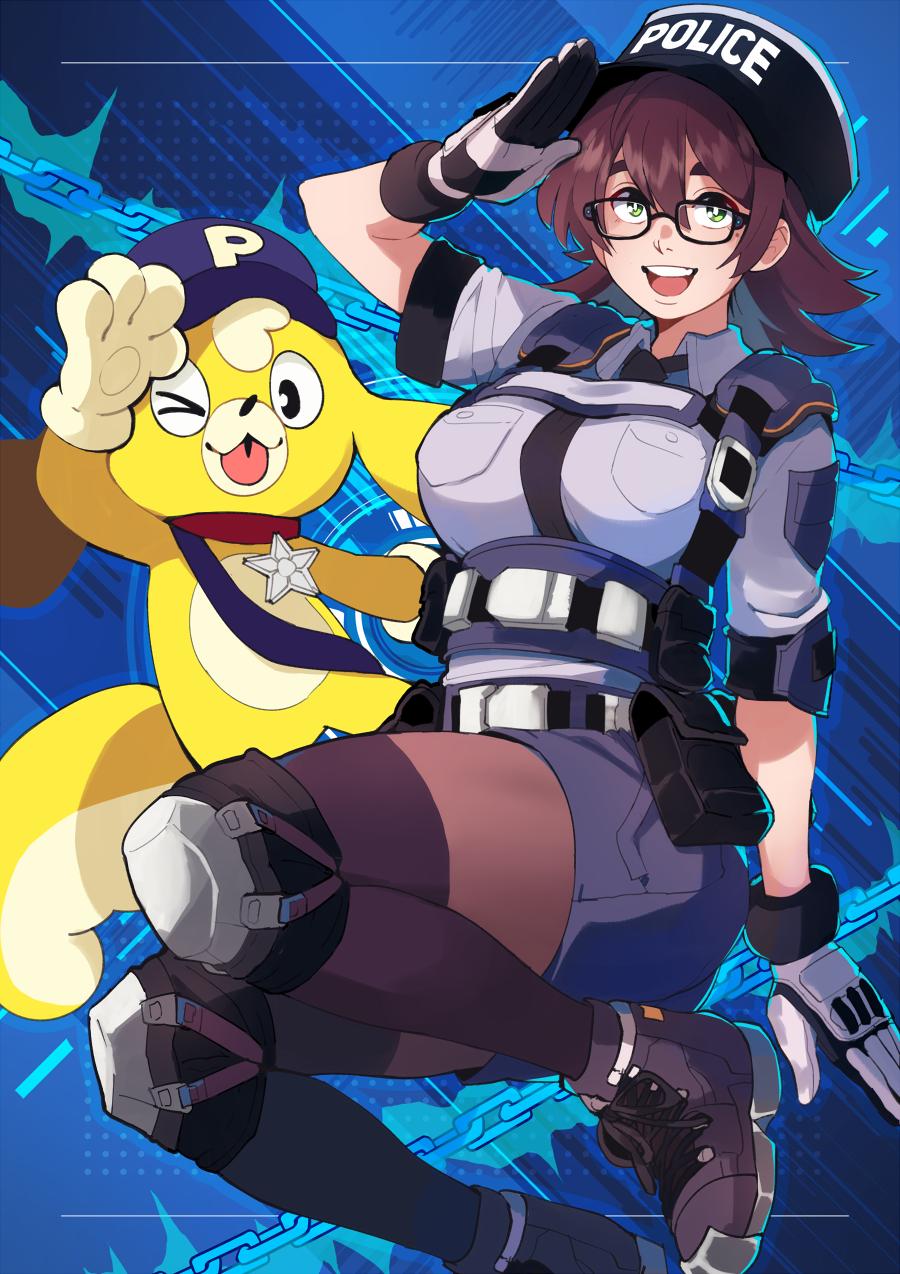 1girl, astral_chain, azuumori, badge, belt_pouch, boots, breasts, brown_hair