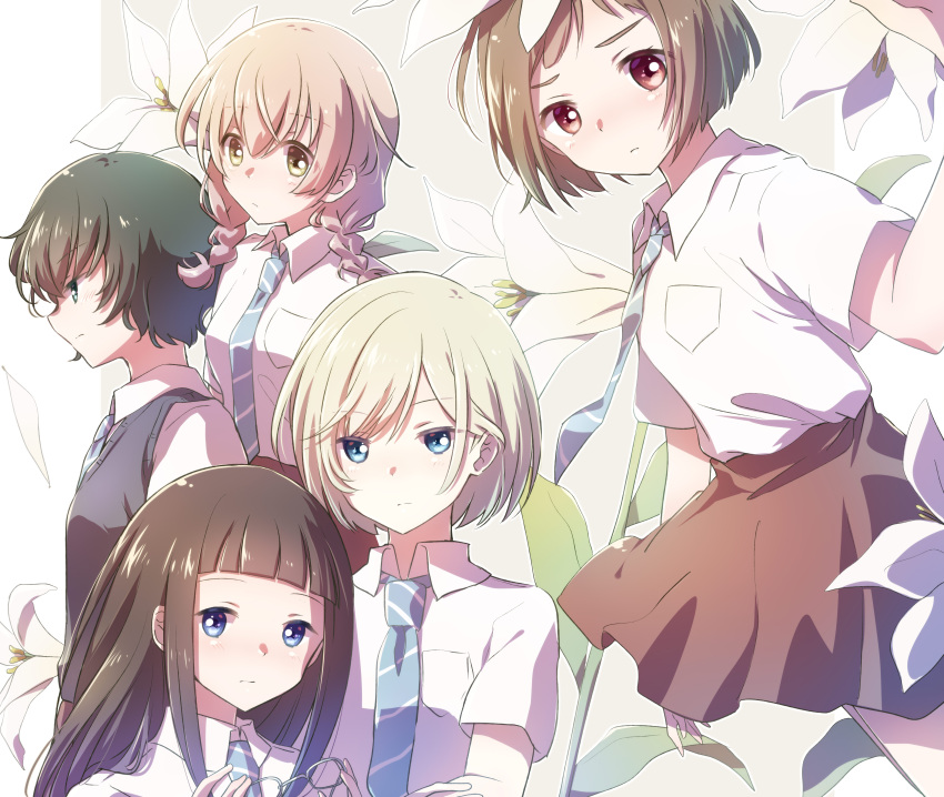 5girls, absurdres, araburu_kisetsu_no_otome-domo_yo., bangs, black_hair, blue_eyes, blue_neckwear, blunt_bangs