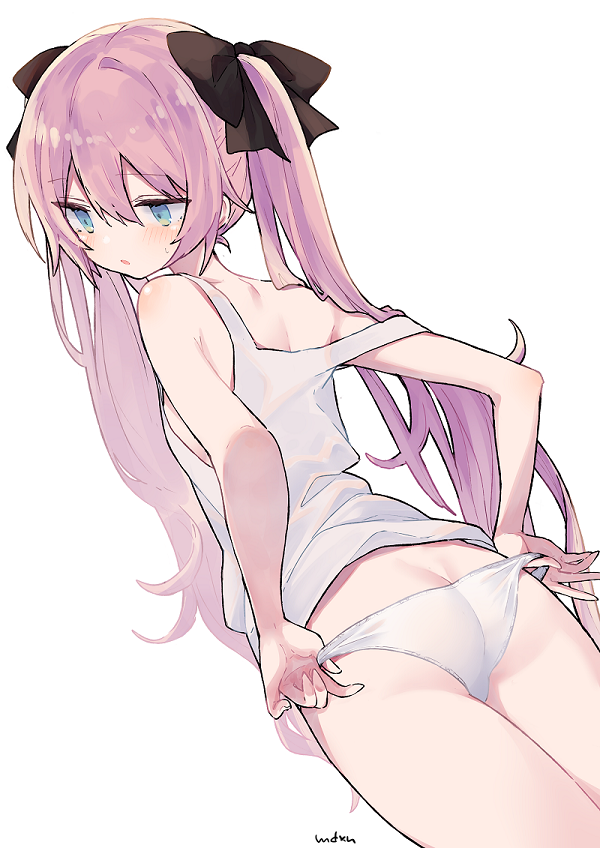 1girl, ass, bangs, bare_arms, bare_shoulders, black_bow, blush, bow
