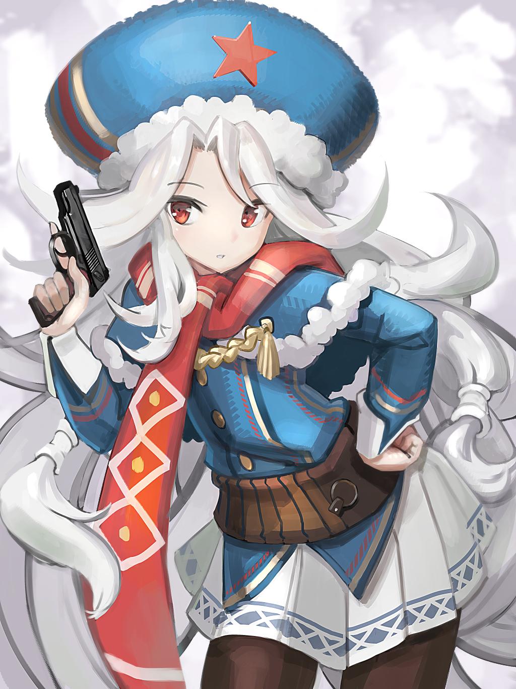 1girl, buttons, capelet, eyebrows_visible_through_hair, fur_hat, fur_trim, girls_frontline, gun