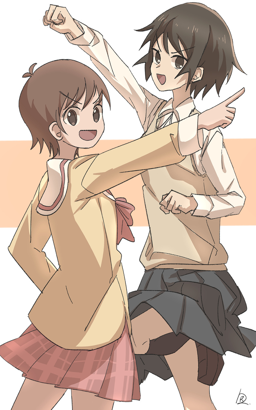 >:d, 2girls, aioi_yuuko, black_hair, broadcaster_connection, brown_hair, company_connection, crossover