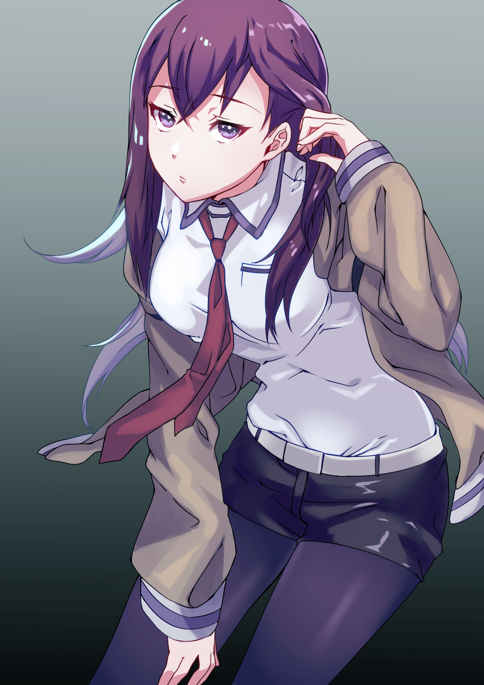 1girl, adjusting_hair, belt, black_background, black_legwear, breasts, brown_hair, collared_shirt