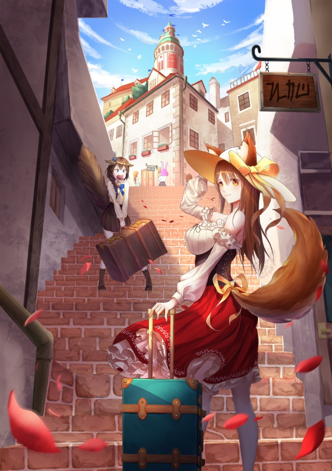 4girls, animal_ears, bangs, blouse, boots, bow, braid, braided_ponytail, breasts, brick, brown_hair, casual, corset, d:, day, detached_sleeves, ears_through_headwear, from_behind, hair_over_shoulder, hand_up, hat, hat_bow, honoe, kantai_collection, kemonomimi_mode, large_breasts, light_smile, long_hair, long_sleeves, looking_at_another, looking_at_viewer, looking_back, multiple_girls, open_mouth, outdoors, pantyhose, petals, petticoat, pleated_skirt, red_skirt, ribbon, rolling_suitcase, shigure_(kantai_collection), single_braid, skirt, smile, stairs, standing, suitcase, sun_hat, tail, tail_bow, tashkent_(kantai_collection), town, white_legwear, yellow_eyes
