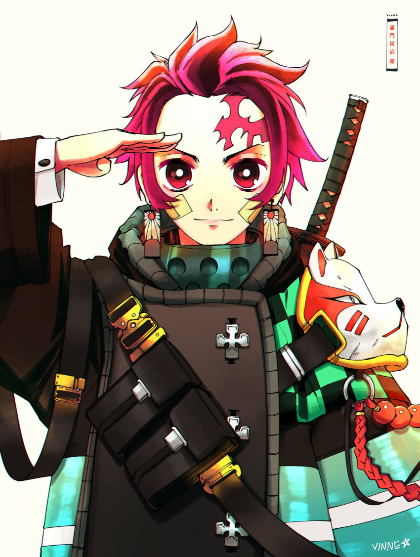 1boy, absurdres, bandaged_head, bandages, black_coat, brown_eyes, brown_hair, checkered, cross, crossover, earrings, en'en_no_shouboutai, firefighter, forehead_scar, highres, jewelry, kamado_tanjirou, katana, kimetsu_no_yaiba, light_smile, long_sleeves, looking_at_viewer, mask, mask_on_shoulder, parody, salute, scar, short_hair, simple_background, smile, solo, sword, uniform, vinne, weapon