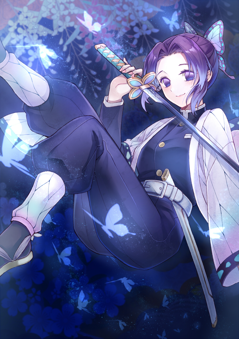 1girl, animal_print, bangs, belt, black_pants, breasts, bug, butterfly